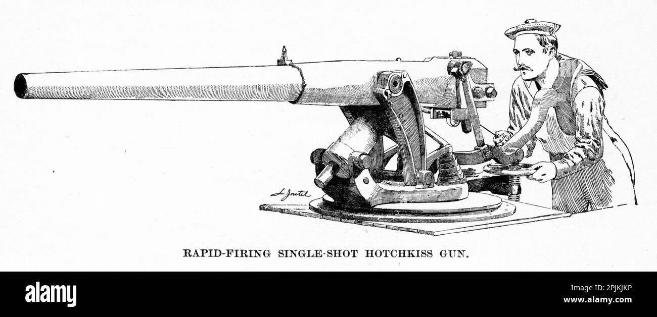 Ein Seemann feuert mit einem Schnellschuss-hotchkiss-Gewehr Stockfoto