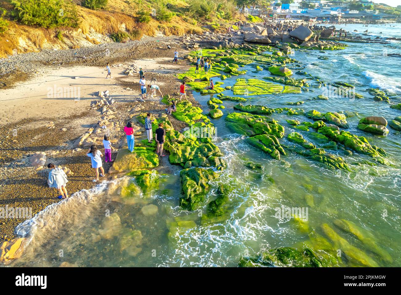 Erstaunlich von Rock and Moos am Co Thach Beach, Tuy Phong, Binh Thuan Province, Vietnam, Seascape of Vietnam Strange Rocks. Stockfoto