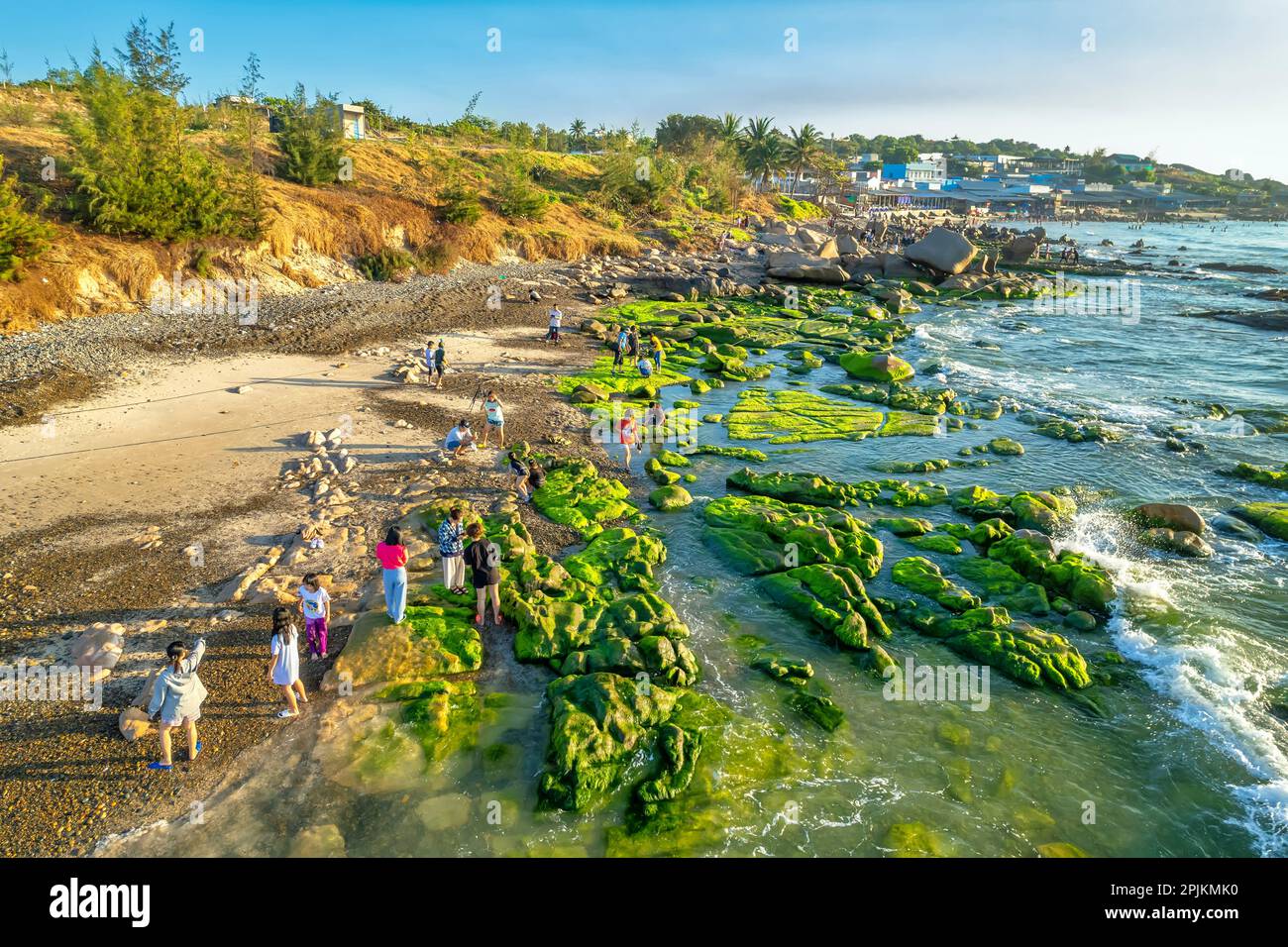 Erstaunlich von Rock and Moos am Co Thach Beach, Tuy Phong, Binh Thuan Province, Vietnam, Seascape of Vietnam Strange Rocks. Stockfoto