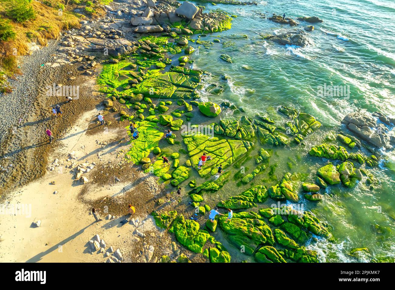 Erstaunlich von Rock and Moos am Co Thach Beach, Tuy Phong, Binh Thuan Province, Vietnam, Seascape of Vietnam Strange Rocks. Stockfoto