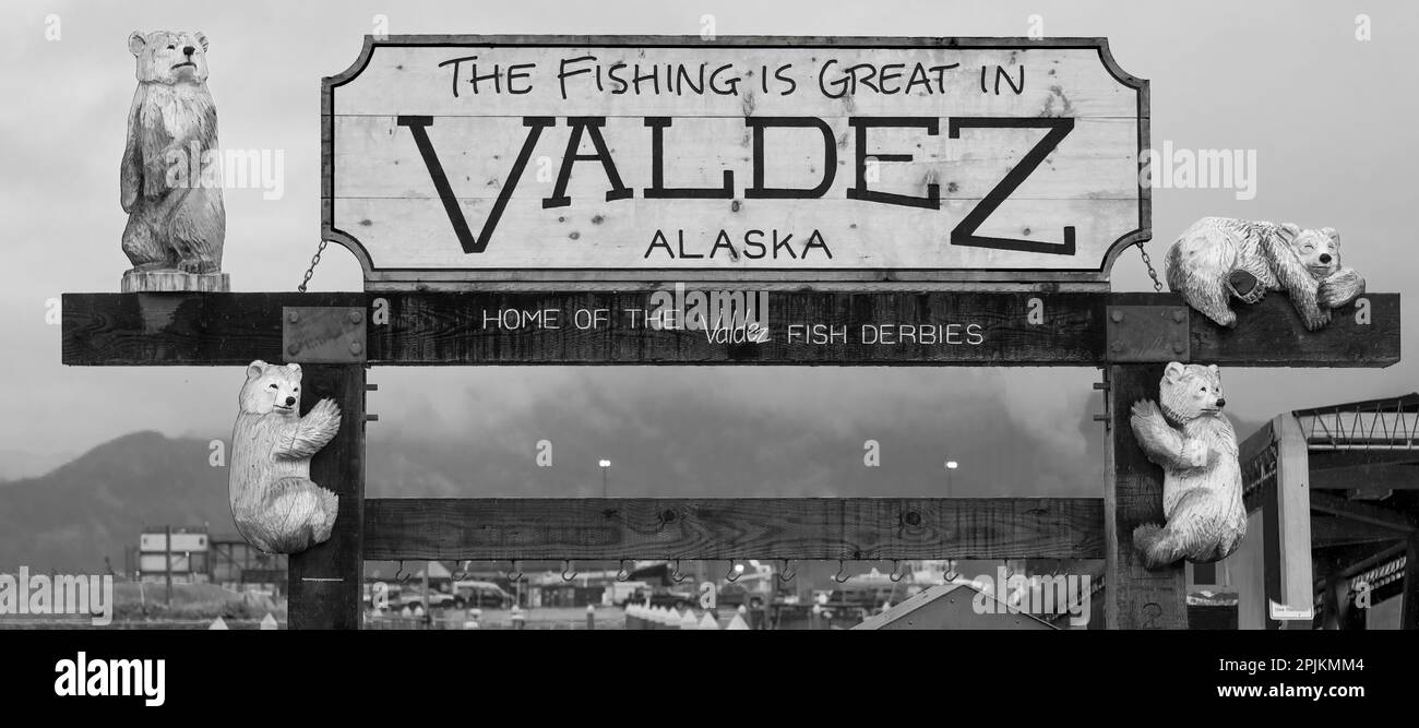 Alaska, Valdez. Marina-Schild. Stockfoto