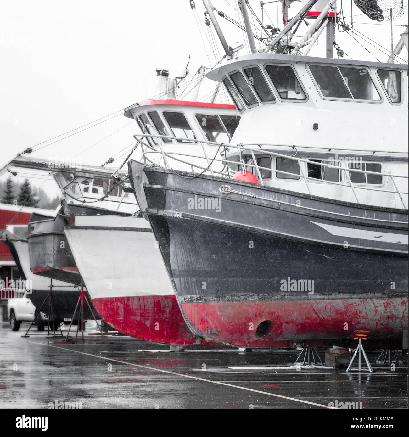 Alaska, Valdez. Fischerboote im Trockendock. Künstlerisches Rendering. Stockfoto