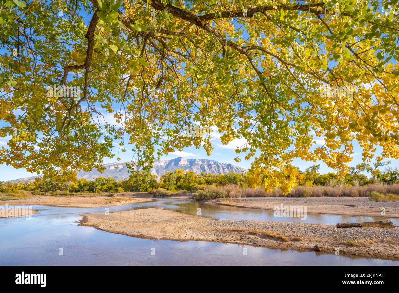 USA, New Mexico, Sandoval County. Sandia Mountains und Rio Grande River im Herbst. Stockfoto