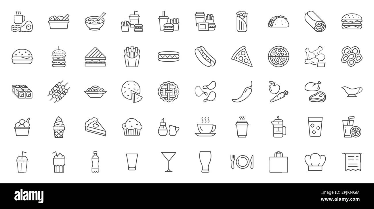 Symbole für die Menüzeile des Restaurants eingestellt. Salat, Frühstück, Fast Food Dinner, Pizza, Nudeln, Sushi, Cocktails, vegetarische Mahlzeit, Tacos-Vektordarstellung Stock Vektor