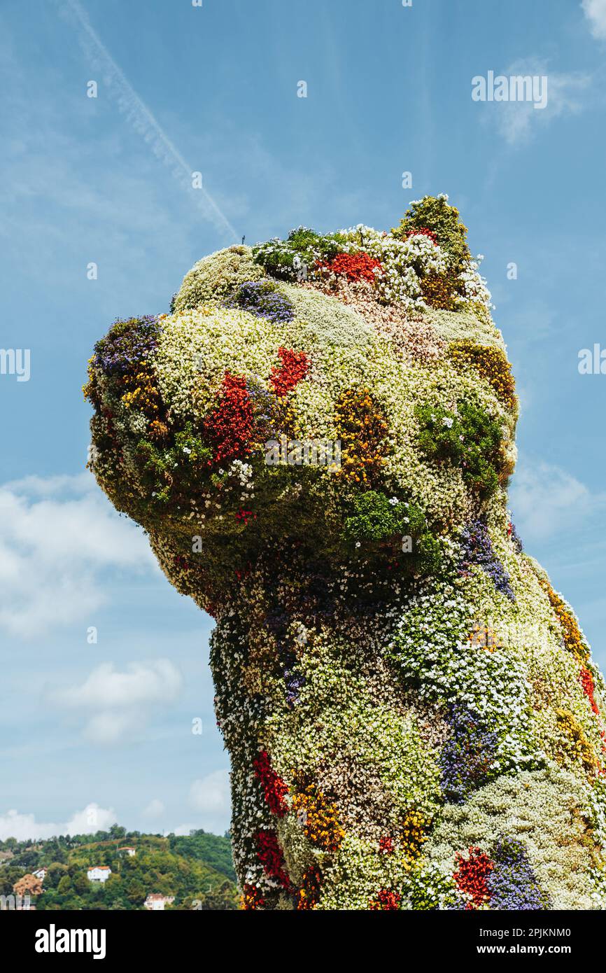 Bilbao, Spanien - September 2022: Nahaufnahme des Hündchens, der von Jeff Koons entworfenen Hundeskulptur mit Blumenmuster, vor dem Guggenheim-Museum in Bilbao, Spanien Stockfoto