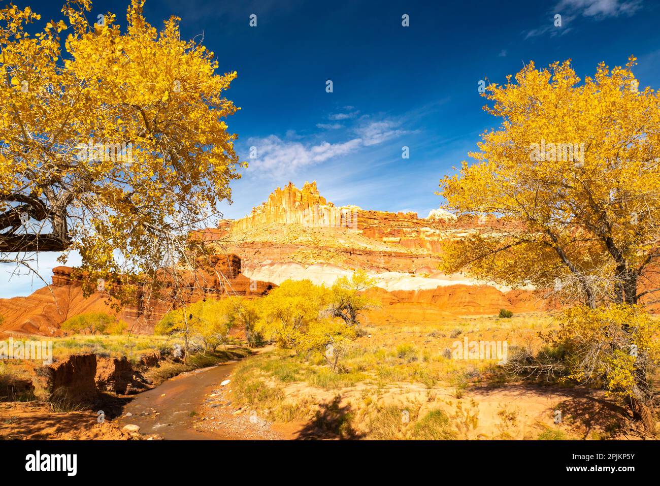 USA, Utah, Capitol Reef National Park. Die Burg Felsformation und der Fremont River. Stockfoto