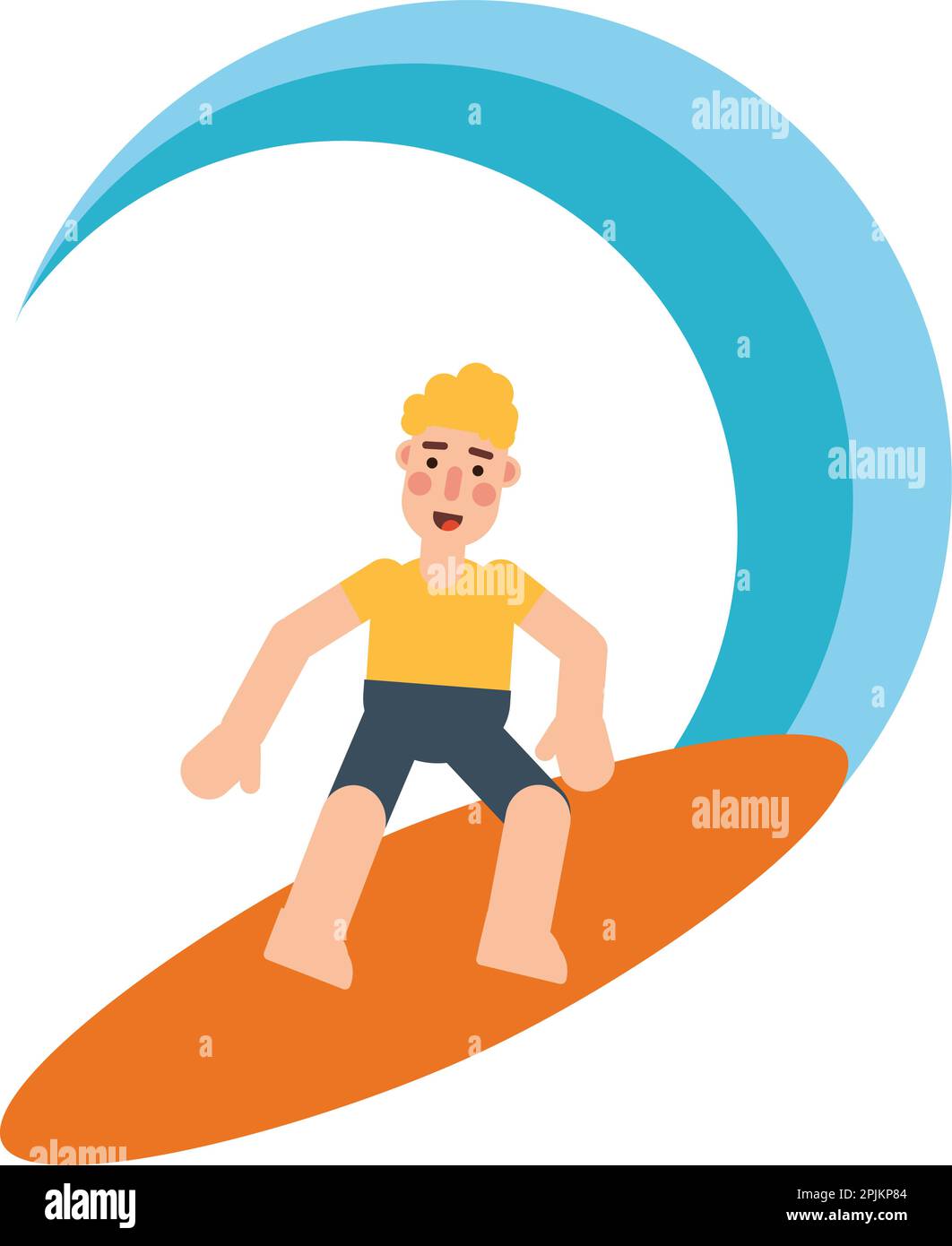 Blonder Mann, der auf Wellen surft. Helle, warme Farben. Sommerferienkonzept. Orangefarbenes Surfbrett Stock Vektor