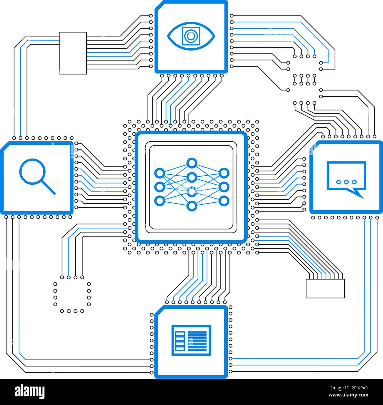 Neuronales Netz an Stromkreis. Künstliche Intelligenz Dienstleistungen: Bild- und Spracherkennung, Text Analyse, Search Engine Stock Vektor