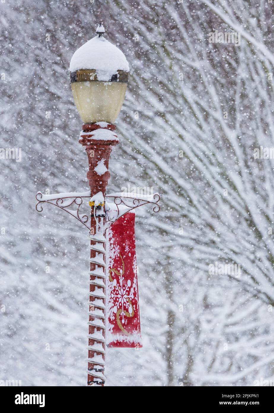 USA, Washington State, Issaquah mit frischem gefallenem Schnee und rotem Laternenpfahl mit Weihnachtsdekorationen Stockfoto