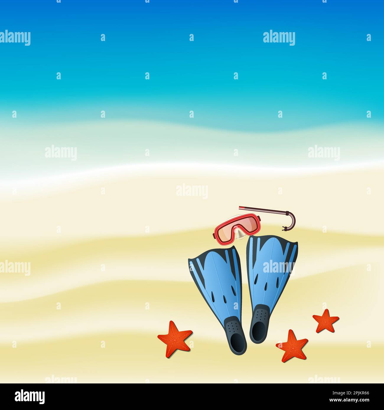 Tauchen farbige Kit mit Schnorchel, Maske und Flossen, die sich am Strand liegen. Jemand getaucht und dieser Satz verwendet und fand Sea Stars im Meer. Vektor illustra Stock Vektor