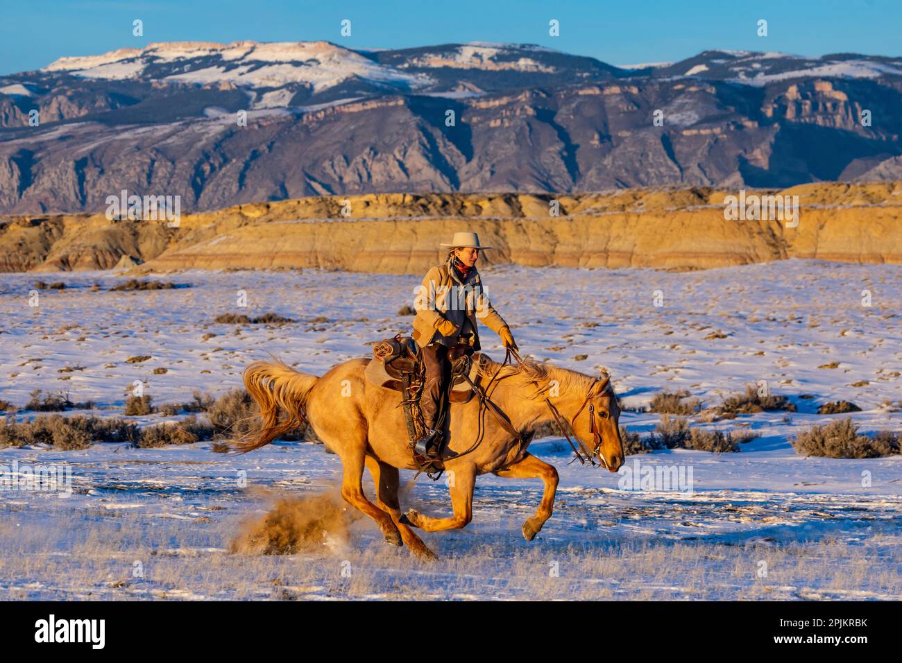 USA, Shell, Wyoming. Versteck-Ranch-Cowgirl, das schneit. (PR, MR) Stockfoto