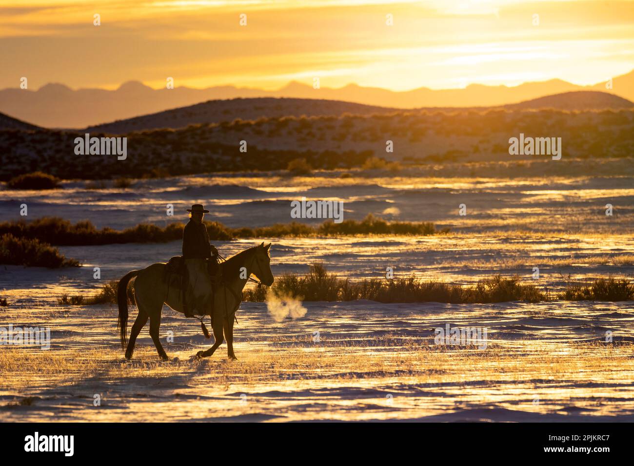 USA, Shell, Wyoming. Versteck-Ranch-Sonnenuntergang und Silhouetten-Cowboy. (PR, MR) Stockfoto