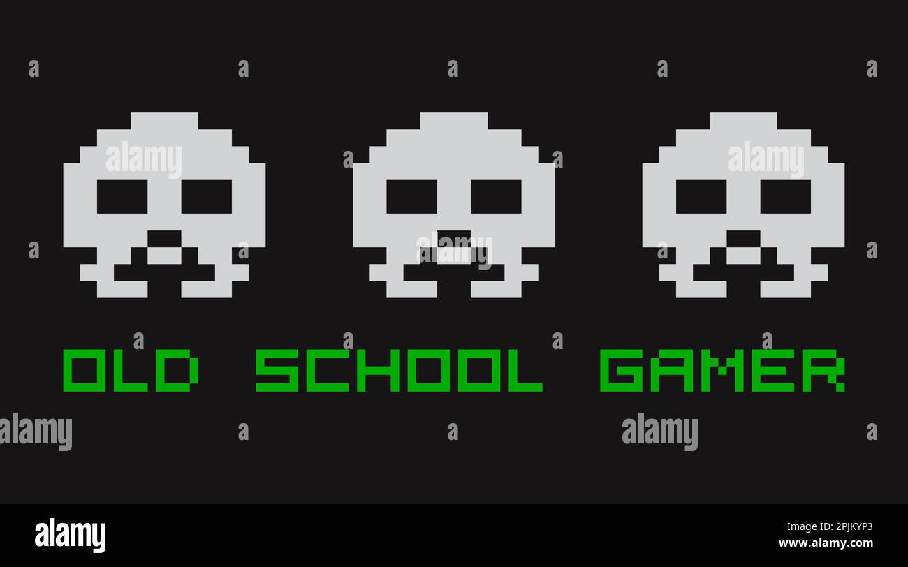Alte Retro-Video-Gamer-T-Shirt-Vorlage für Print. Drei Monster mit verpixelter Typografie. Zitat eines alten Gamers. Vektordarstellung Stock Vektor