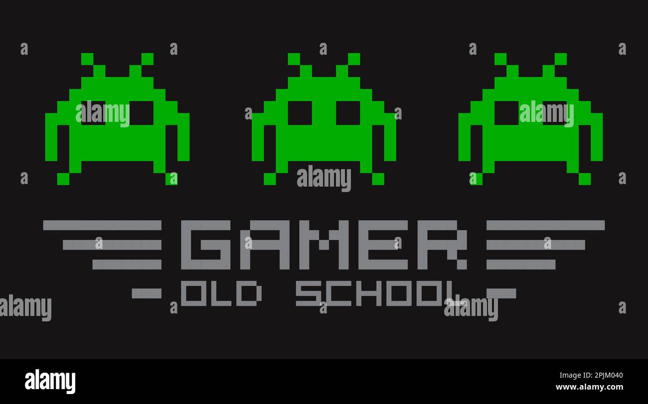 Alte Retro-Video-Gamer-T-Shirt-Vorlage für Print. Drei Monster mit verpixelter Typografie. Zitat eines alten Gamers. Vektordarstellung Stock Vektor