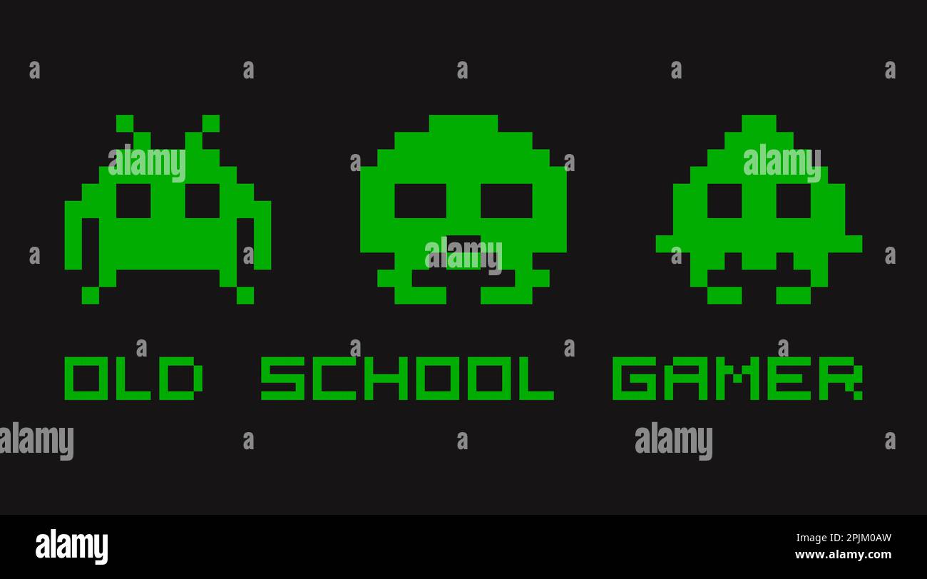 Alte Retro-Video-Gamer-T-Shirt-Vorlage für Print. Drei Monster mit verpixelter Typografie. Zitat eines alten Gamers. Stock Vektor