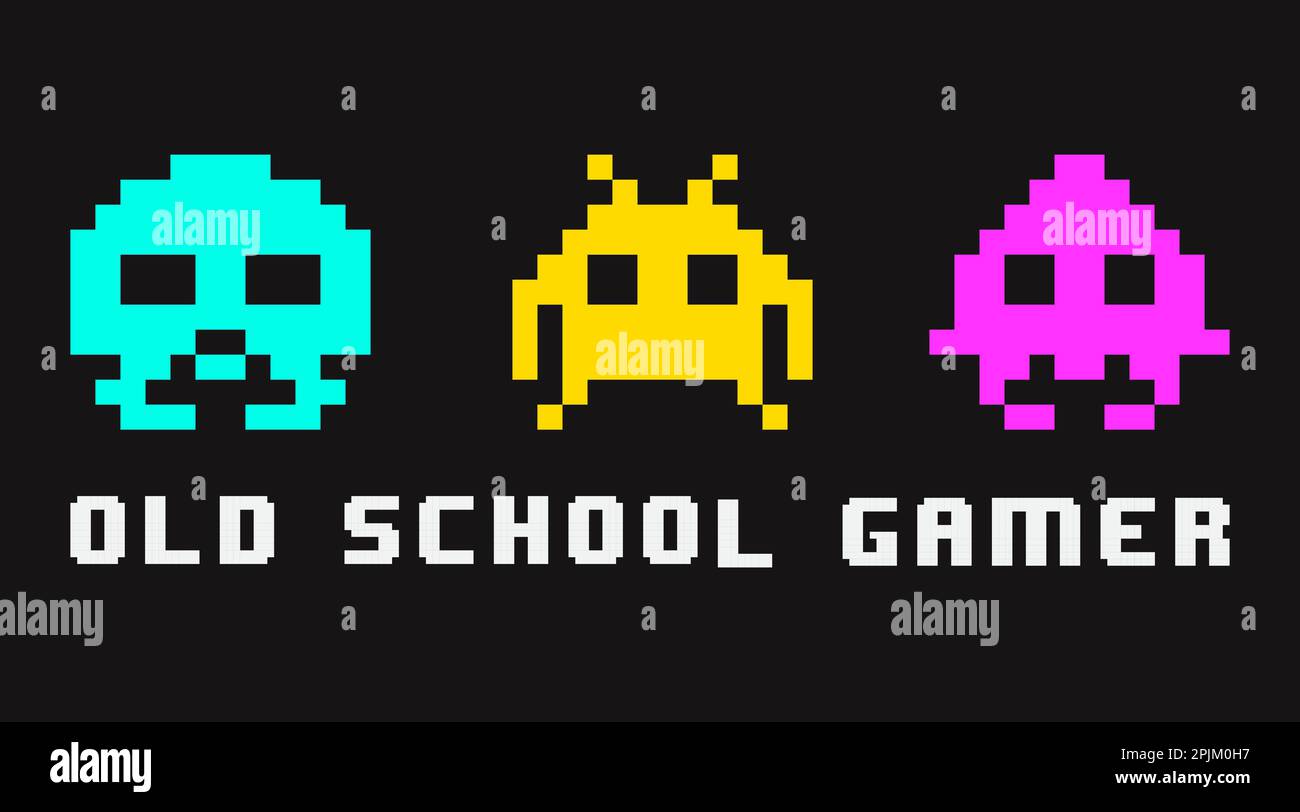 Alte Retro-Video-Gamer-T-Shirt-Vorlage für Print. Drei Monster mit verpixelter Typografie. Zitat eines alten Gamers. Vektordarstellung Stock Vektor