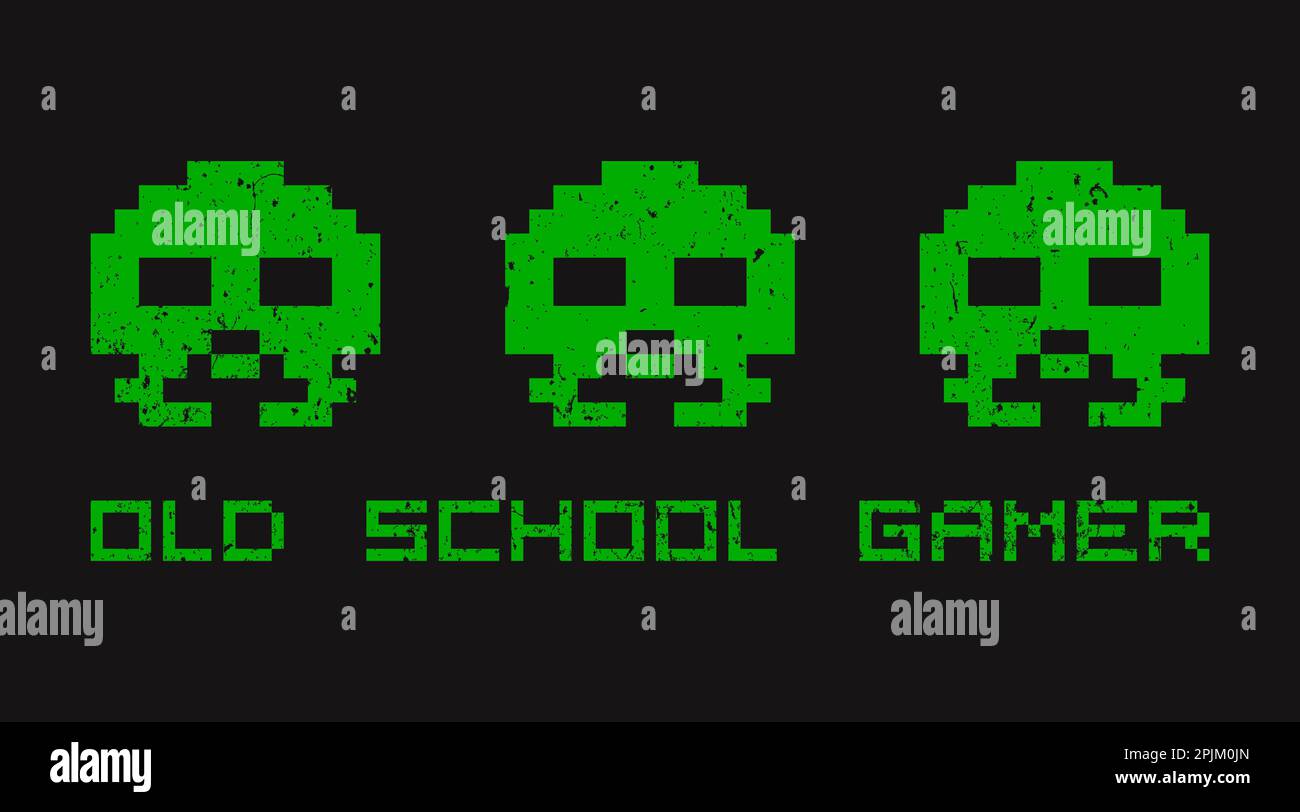 Alte Retro-Video-Gamer-T-Shirt-Vorlage für Print. Schäbige, zerkratzte Strukturschicht. Drei Monster mit verpixelter Typografie. Zitat eines alten Gamers. V Stock Vektor