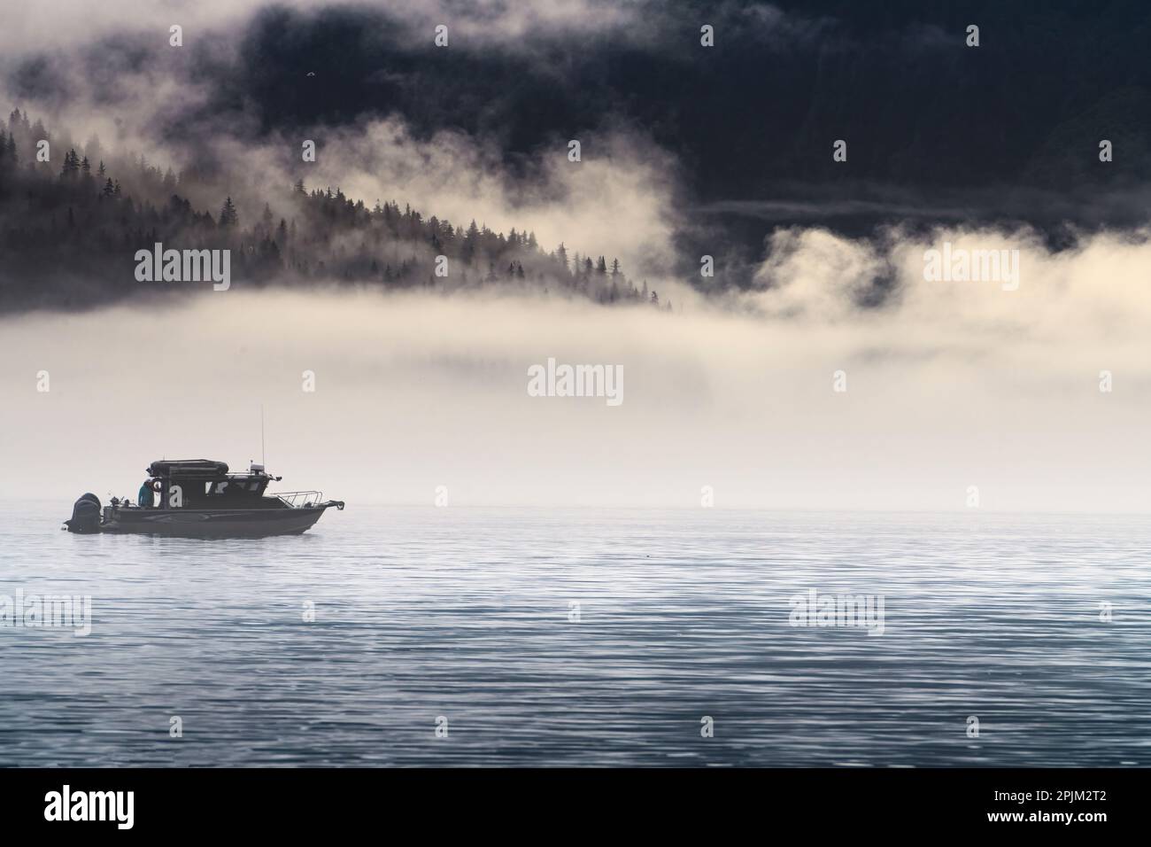 USA, Alaska, Kenai-Halbinsel. Boot im Nebel. Stockfoto