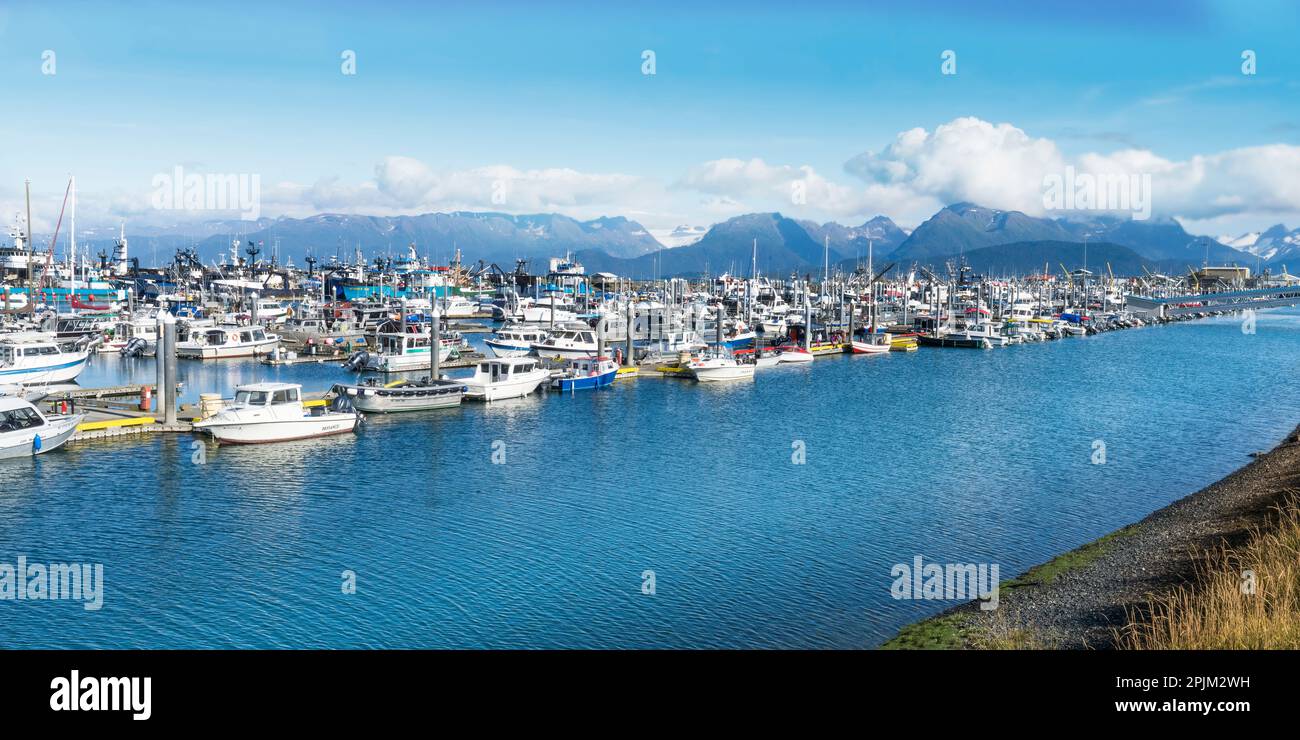Alaska, Homer. Landschaftsblick auf den Yachthafen mit Berghintergrund. Stockfoto