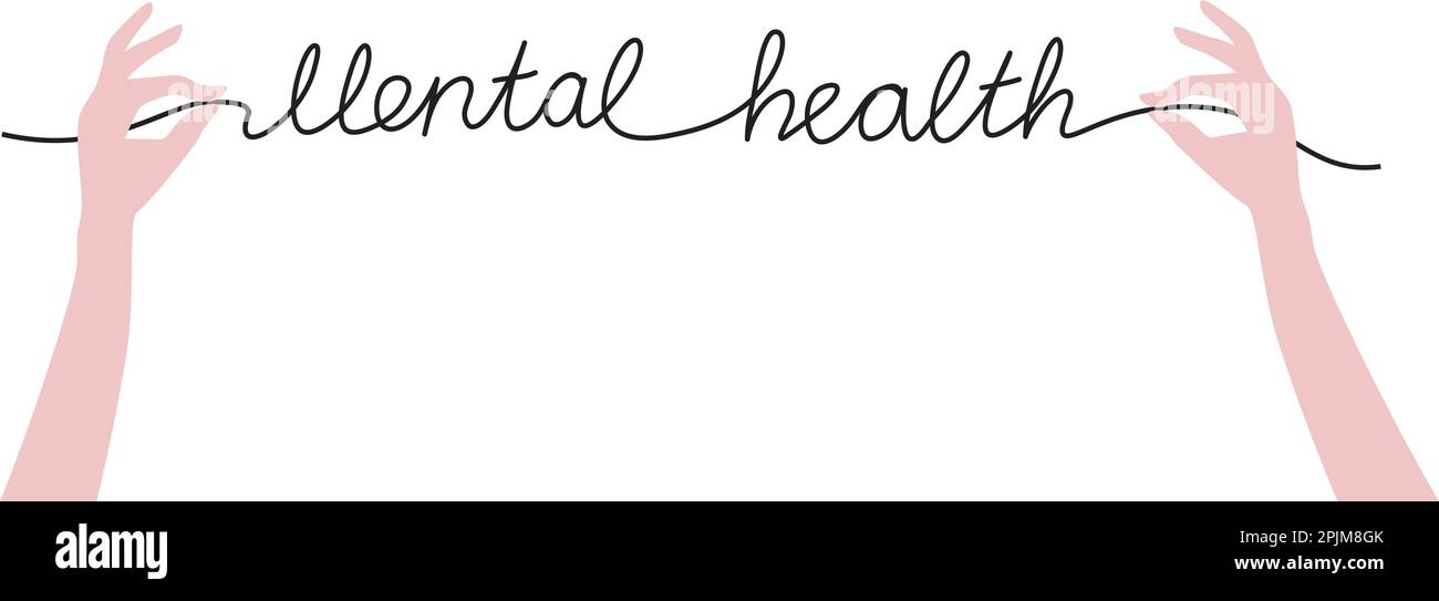 Zwei Hände halten Faden als handgeschriebenes Wort psychische Gesundheit. Behandlungskonzept psychischer Störungen. Metapher zur Behandlung von Hirnerkrankungen. Vektordarstellung Stock Vektor