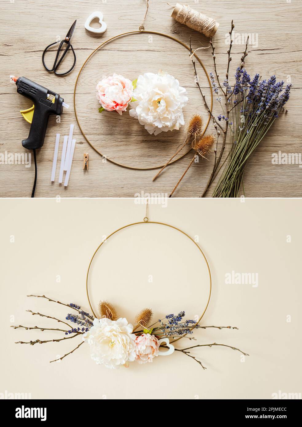 Ein moderner Kranz im Frühlingsdesign mit Blumenmotiv zur Innendekoration. Runder Metallbügelrahmen mit verschiedenen echten und künstlichen Zweigen und Blumen Stockfoto