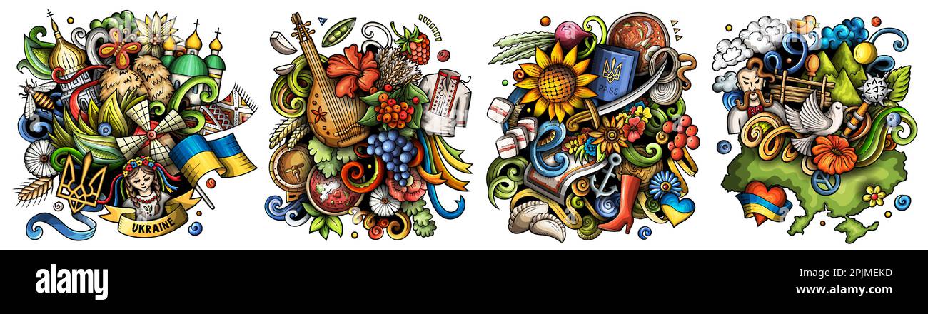 Ukrainischer Cartoon-Vektor-Doodle-Design-Set. Farbenfrohe, detaillierte Kompositionen mit vielen ukrainischen Kulturobjekten und Symbolen. Isoliert auf weißem illustr Stock Vektor