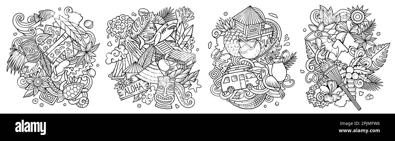 Hawaii Cartoon Vektor Doodle Designs Set. Farbenfrohe, detailreiche Kompositionen mit vielen hawaiianischen Objekten und Symbolen. Isoliert auf weißen Abbildungen Stock Vektor
