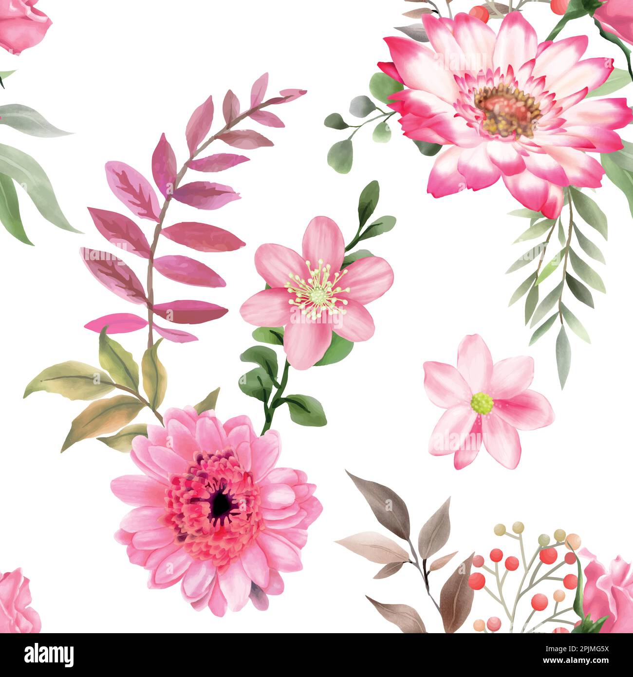 Rosafarbenes Aquarell Blumen und Blätter nahtloses Muster auf weißem Hintergrund. Vektorabbildung Stock Vektor