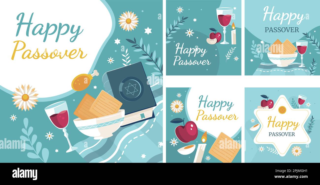 Happy Passover Jüdischer Feiertag, lasst uns Seder Pesach feiern, Grußkarte mit traditionellen Ikonen. schrift, tora, Blumen und Blätter, Symbole und IC Stock Vektor