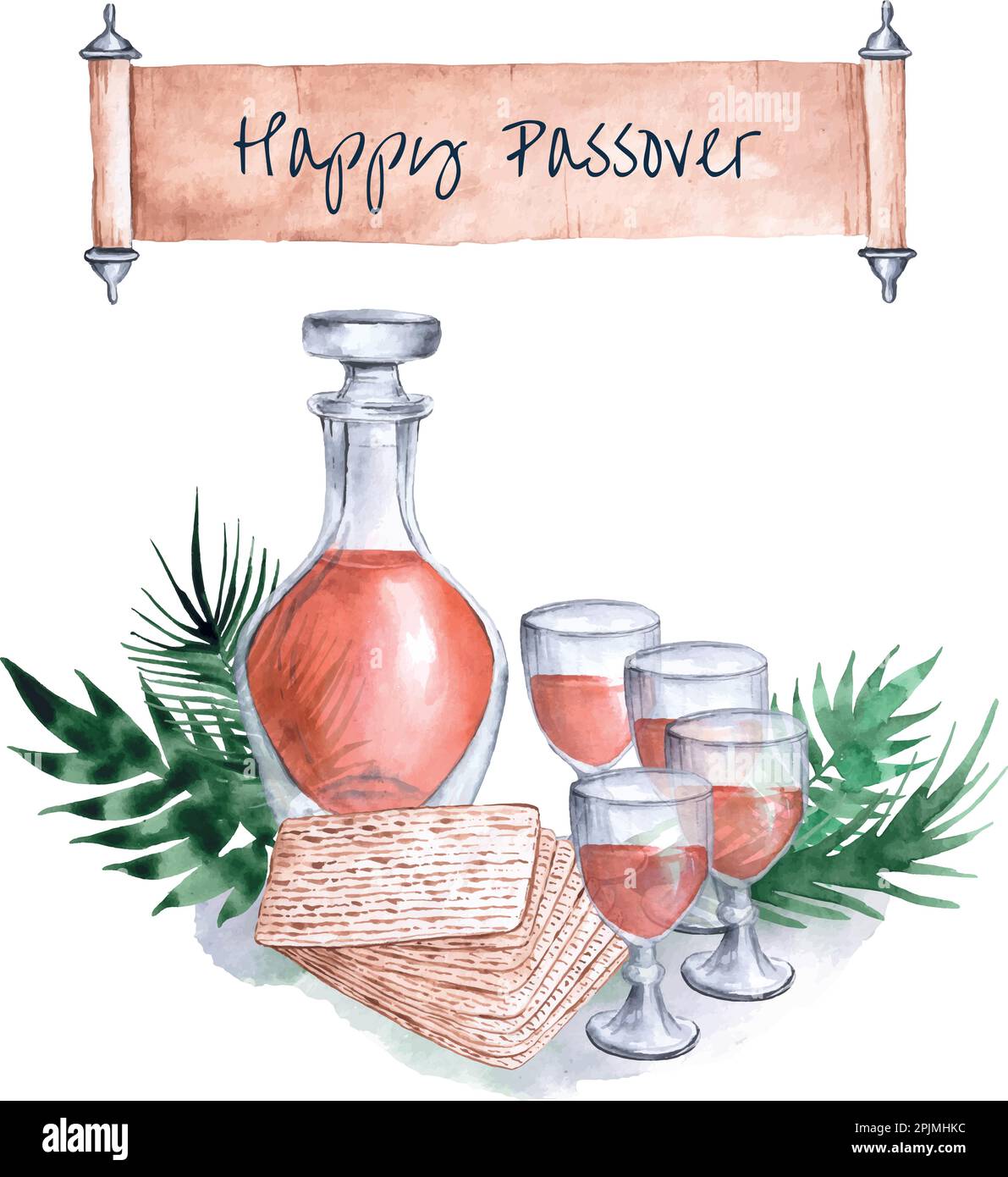 Roter koscherer Wein im Glas, Matzah oder Matza. Pessachtsedermehl. Fröhlicher Pesach. Handgezeichnete Aquarell-Darstellung isoliert auf weißem Hintergrund Stock Vektor