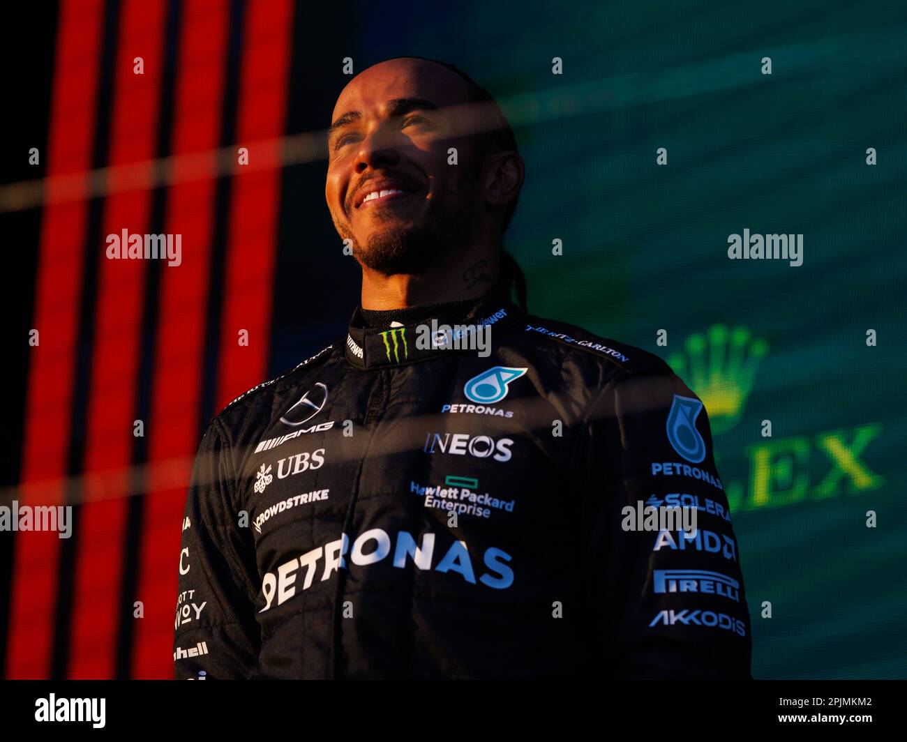 Albert Park, 2. April 2023 Lewis Hamilton (GBR) von Team Mercedes nach seinem 2. Platz auf dem Podium. Corleve/Alamy Live News Stockfoto