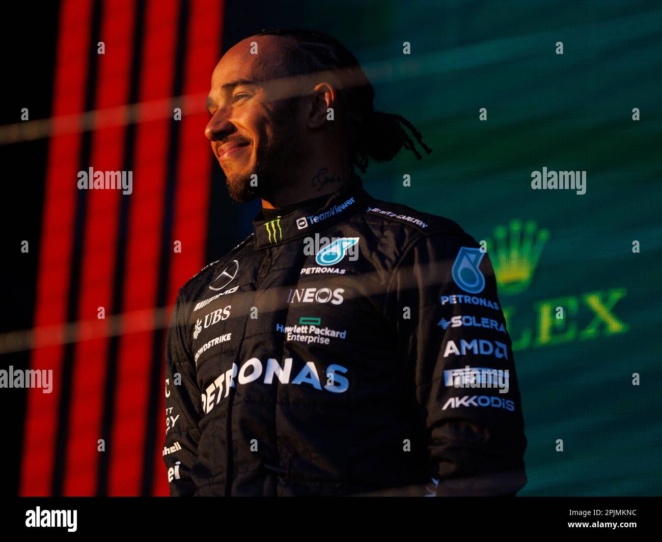 Albert Park, 2. April 2023 Lewis Hamilton (GBR) von Team Mercedes nach seinem 2. Platz auf dem Podium. Corleve/Alamy Live News Stockfoto