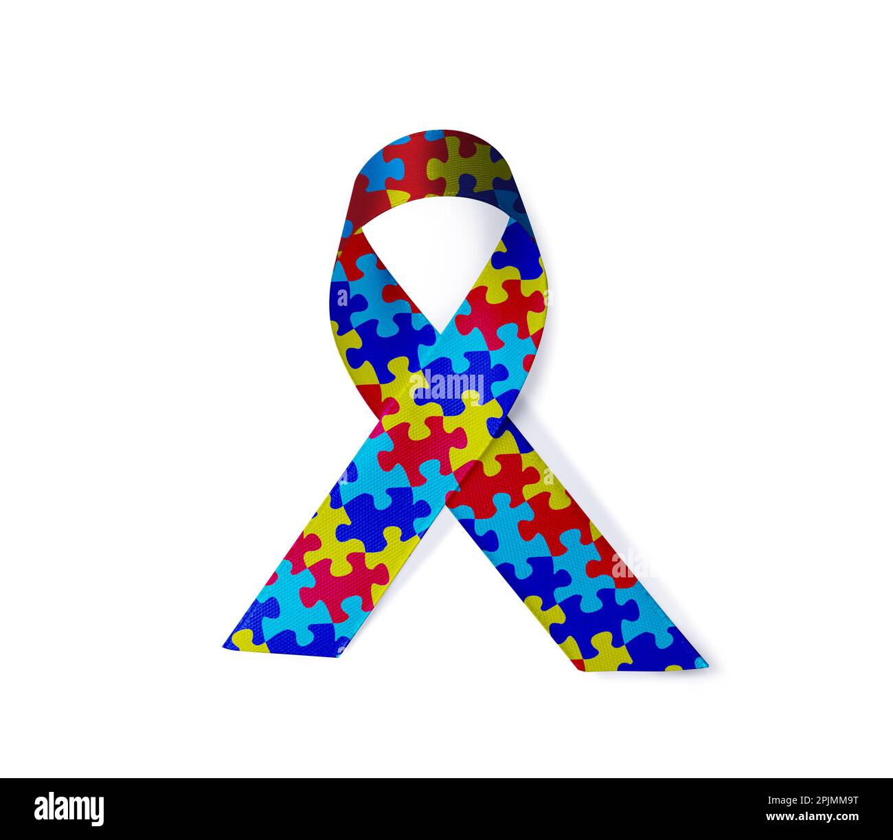Welttag Des Autismus-Bewusstseins. Farbenfrohes Puzzleband auf weißem Hintergrund, Draufsicht Stockfoto