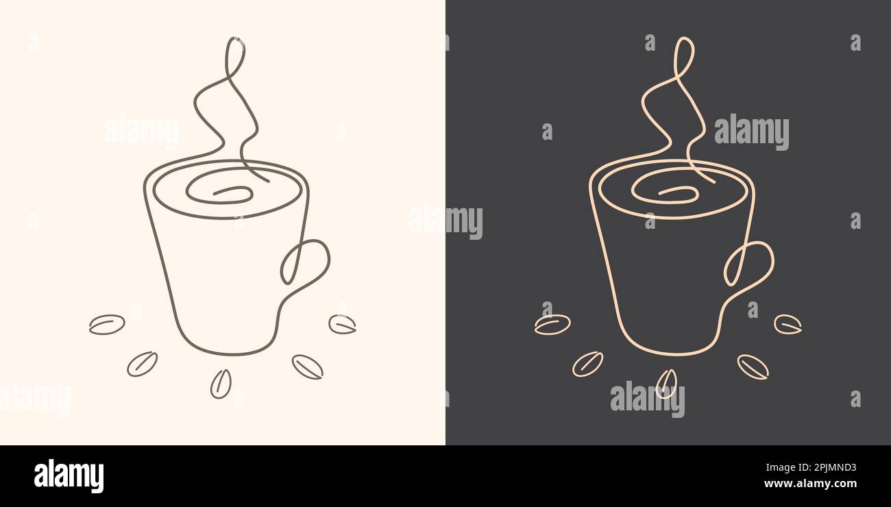 Kaffeetasse oder Tasse in handgezeichneter, durchgehender Form. Doodle Illustration. Heißer Kaffee mit Dampf und Bohnen auf verschiedenen Hintergründen. Handgezeichnete Linie Stock Vektor
