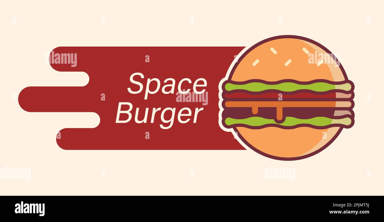 Burger-Logo als Planet, der im Weltall fliegt. Space Burger-Banner ...