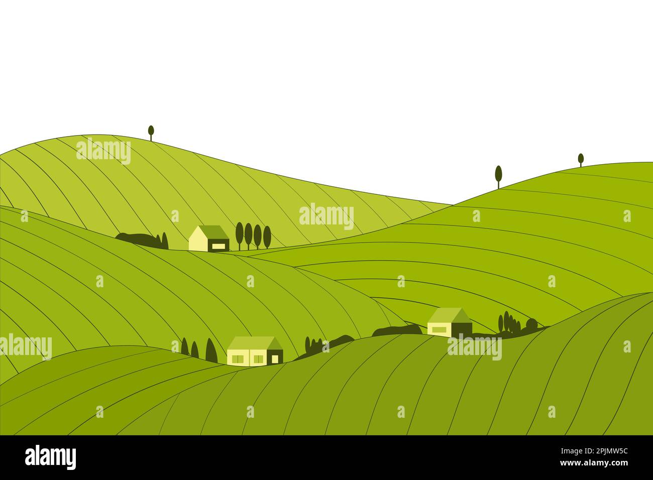 Feldlandschaft mit Hügeln, Häusern und Kühen. Ackerland, tal der toskana, ländliche Landschaft. Landschaftskulisse, Landschaftskulisse. Natur, Landschaft, Bac Stock Vektor