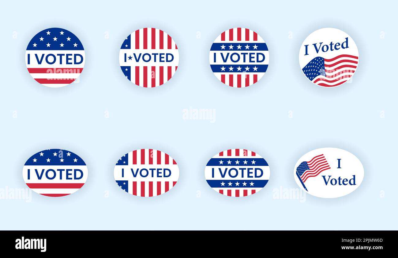 Ich habe Sticker Kollektion gewählt. Stimmen Sie am Wahltag mit Ausweisen ab. Sticker oder Etikett für die Kreiskortierung. USA, USA, amerikanische Wahl, Stimmschild. Ich habe mit dem Zitat abgestimmt. Respons Stock Vektor