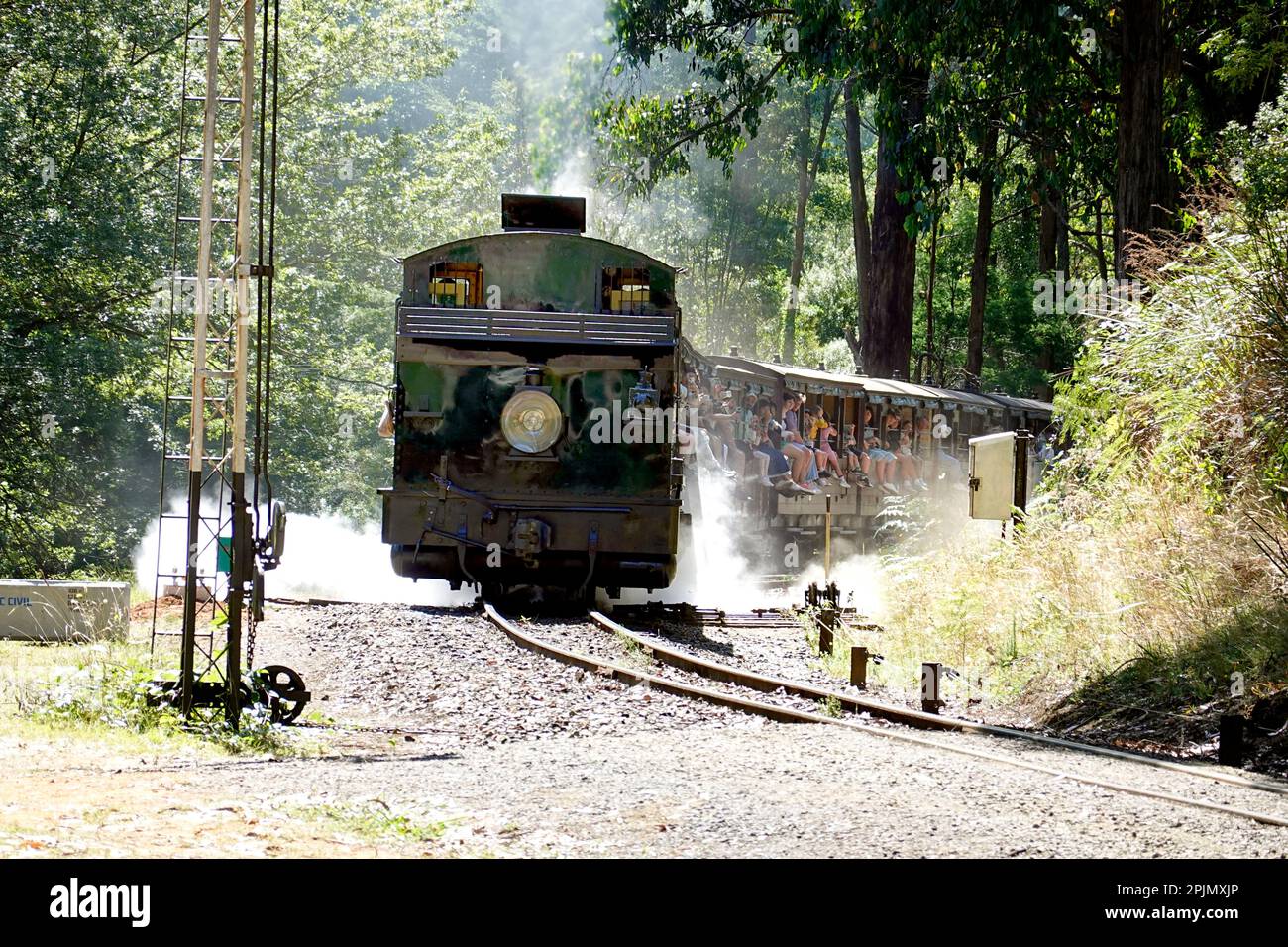 Touristen, die mit dem Puffing Billy Steam Train in Melbourne, Australien fahren Stockfoto