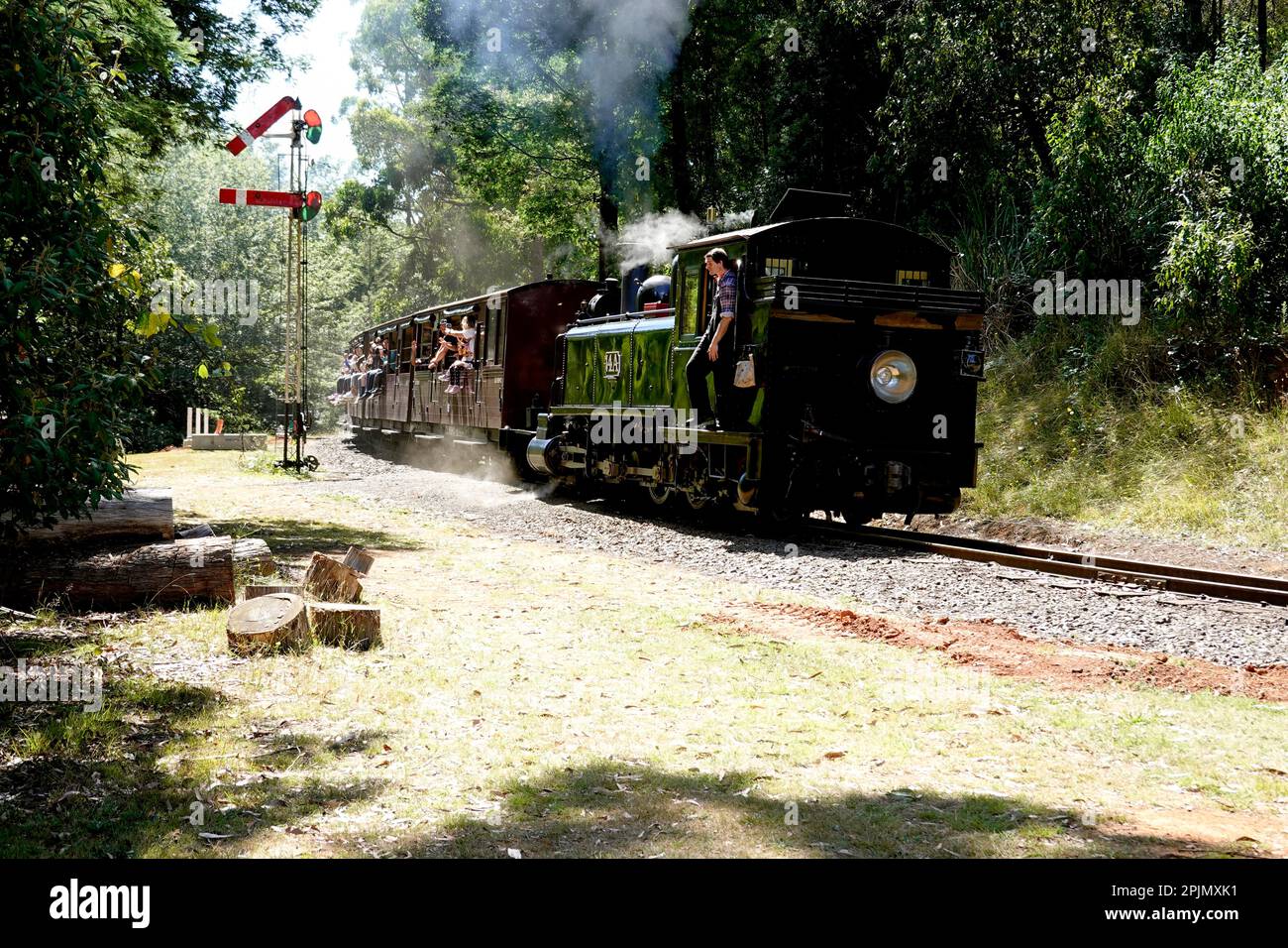 Touristen, die mit dem Puffing Billy Steam Train in Melbourne, Australien fahren Stockfoto