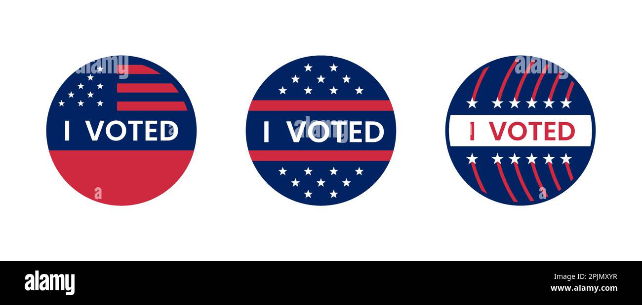 Ich habe Sticker Kollektion gewählt. Stimmen Sie am Wahltag mit Ausweisen ab. Sticker oder Etikett für die Kreiskortierung. USA, USA, amerikanische Wahl, Stimmschild. Ich habe mit dem Zitat abgestimmt. Respons Stock Vektor