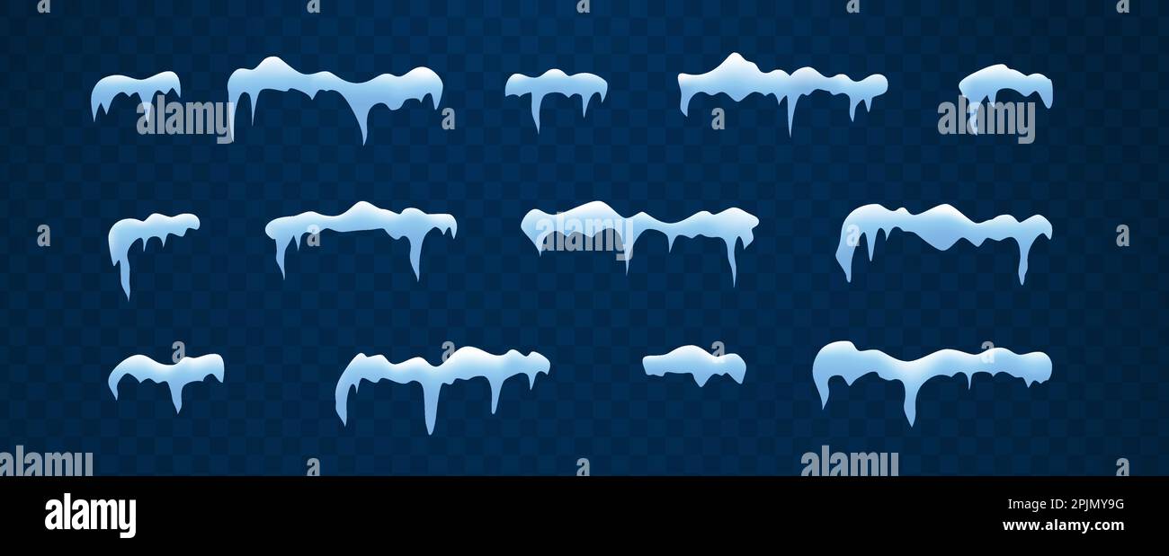 Frost Dekorationskollektion für Rahmen. Horizontal gefrorener Schnee. Blauer und weißer Frost. Weihnachtseisdekoration auf isoliertem Hintergrund. Realistisch 3 Stock Vektor