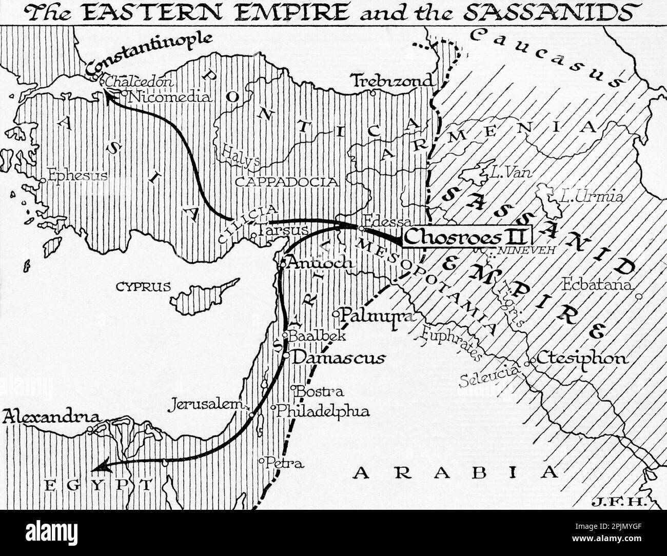 Karte des östlichen Reiches und der Sassaniden, 7. Jahrhundert. Aus dem Buch Outline of History von H.G. Wells, veröffentlicht 1920. Stockfoto