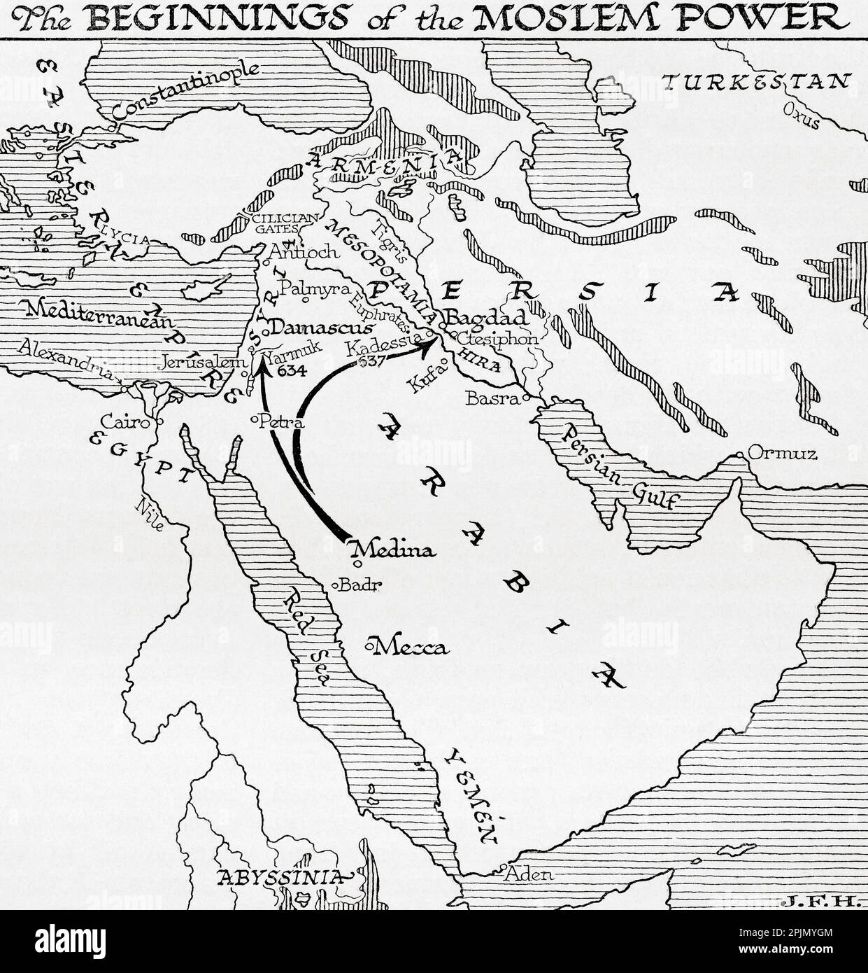 Karte mit den Anfängen der Moslemmacht, 7. Jahrhundert. Aus dem Buch Outline of History von H.G. Wells, veröffentlicht 1920. Stockfoto