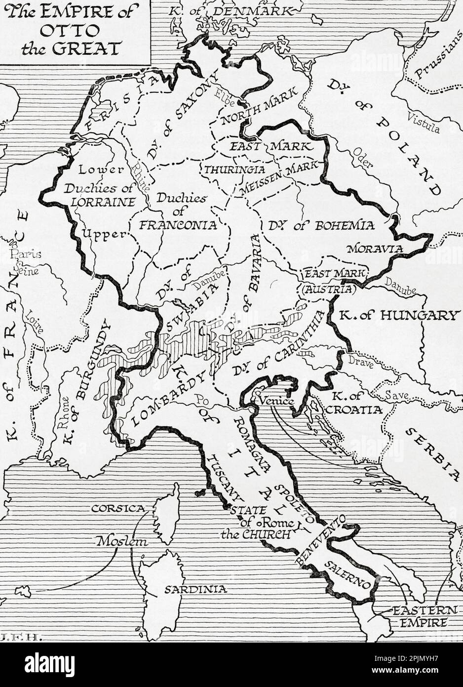 Karte des Reiches von Otto dem Großen, 10. Jahrhundert. Aus dem Buch Outline of History von H.G. Wells, veröffentlicht 1920. Stockfoto