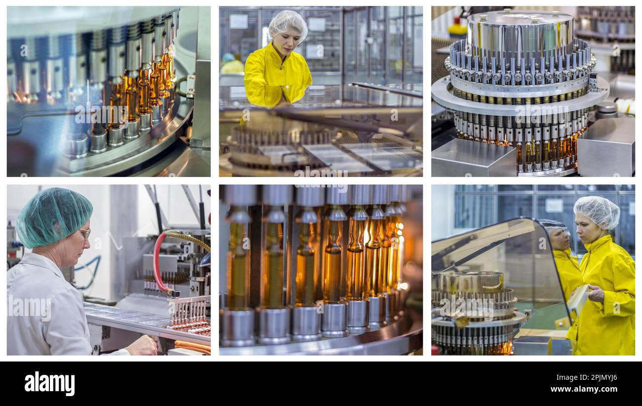Medizinische Ampullen Auf Der Produktionslinie. Pharmazeutische Produktionslinien Bei Der Arbeit. Die Entwicklung neuer Arzneimittel. Stockfoto