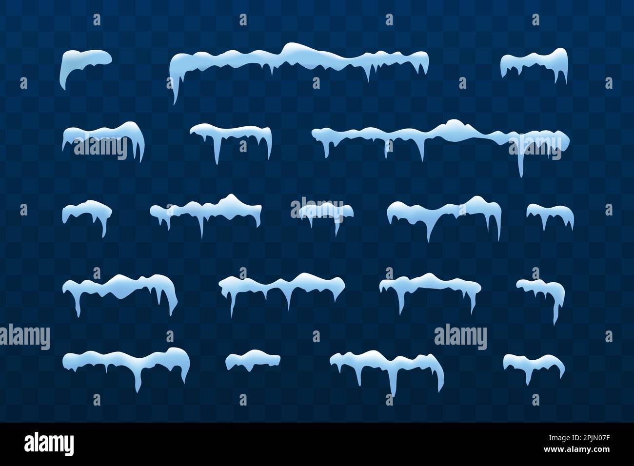 Frost Dekorationskollektion für Rahmen. Horizontal gefrorener Schnee. Blauer und weißer Frost. Weihnachtseisdekoration auf isoliertem Hintergrund. Realistisch 3 Stock Vektor