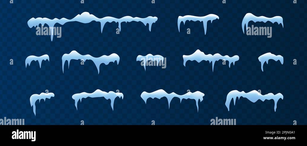 Frost Dekorationskollektion für Rahmen. Horizontal gefrorener Schnee. Blauer und weißer Frost. Weihnachtseisdekoration auf isoliertem Hintergrund. Realistisch 3 Stock Vektor