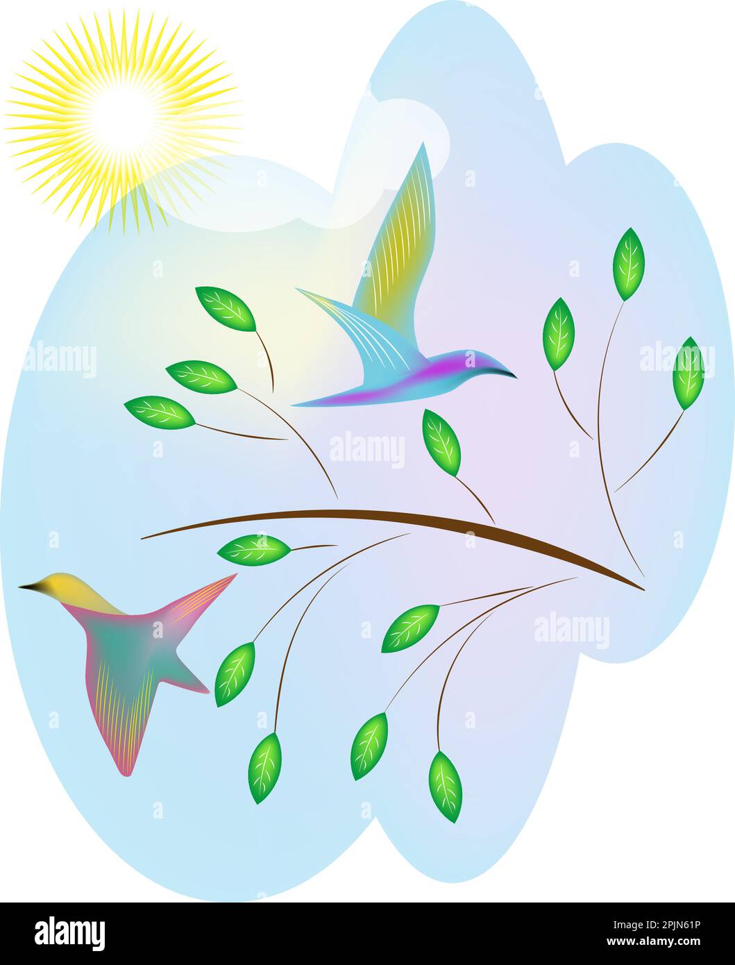 Zwei Vögel fliegen im Frühling über einen Ast mit grünen Blättern unter der Sonne Stock Vektor