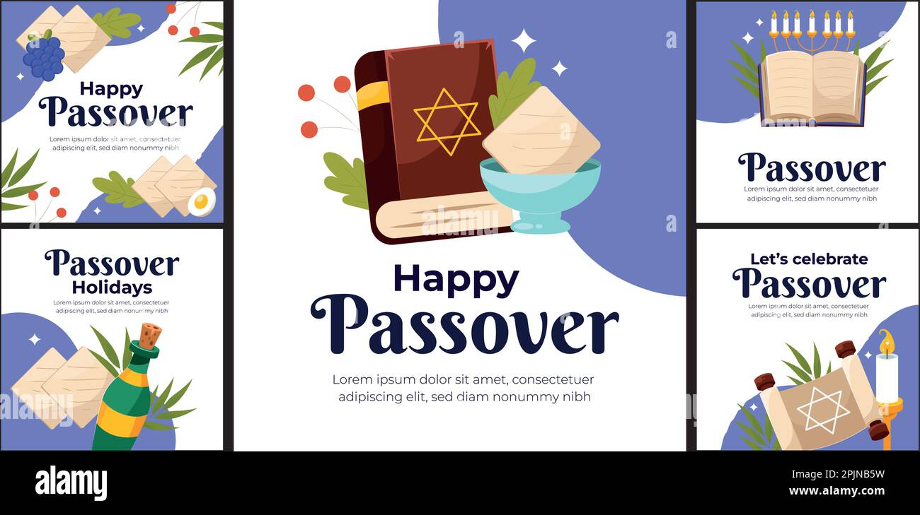 Happy Passover Jüdischer Feiertag, lasst uns Seder Pesach feiern, Grußkarte mit traditionellen Ikonen. schrift, tora, Blumen und Blätter, Symbole Stock Vektor