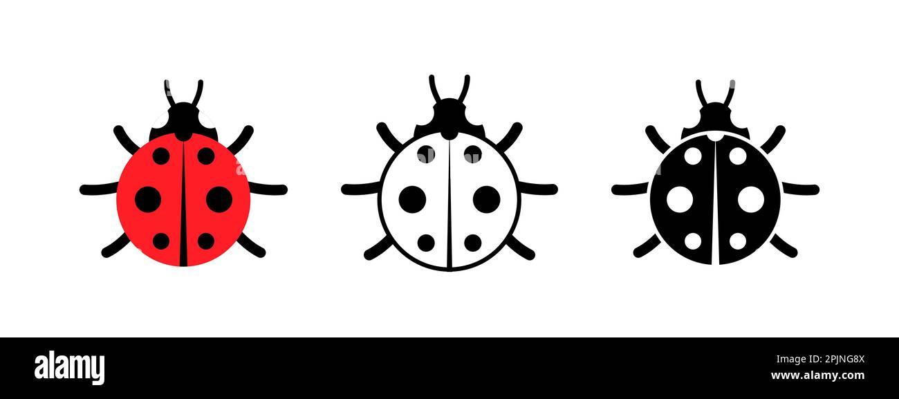 Marienkäfer oder Marienkäfer, Marienkäfer-Ikonen. Niedliche Damenkühe in verschiedenen Stilen - flach, umrandet, Glyphe. Dame-Käfer mit rundem Körper. Vektorgrafik Stock Vektor